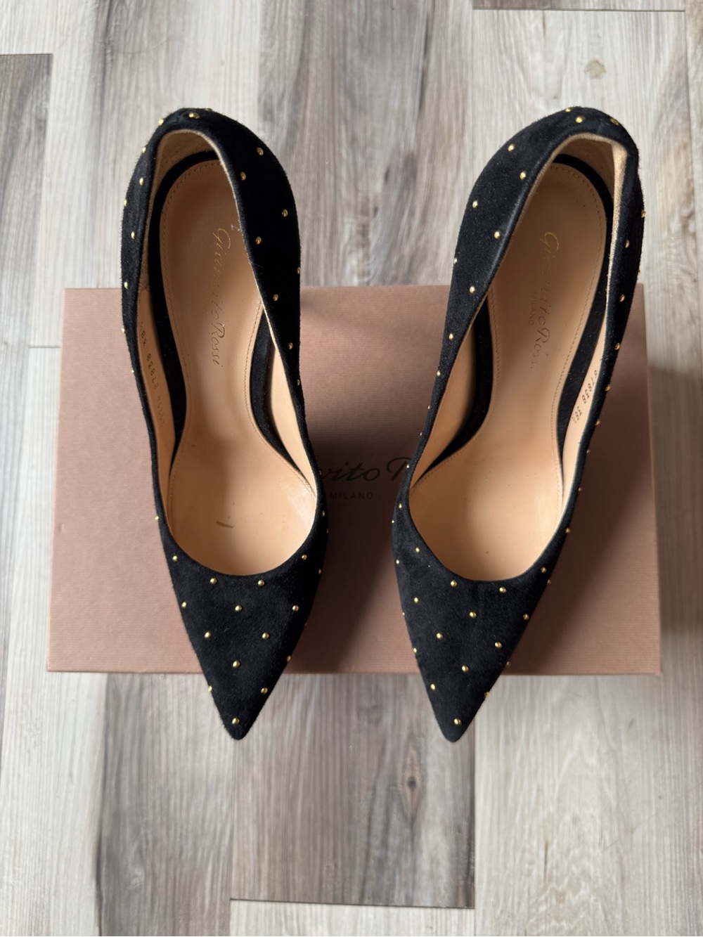 Gianvito Rossi Black Suede Pointed-Toe Pumps with Gold Studs